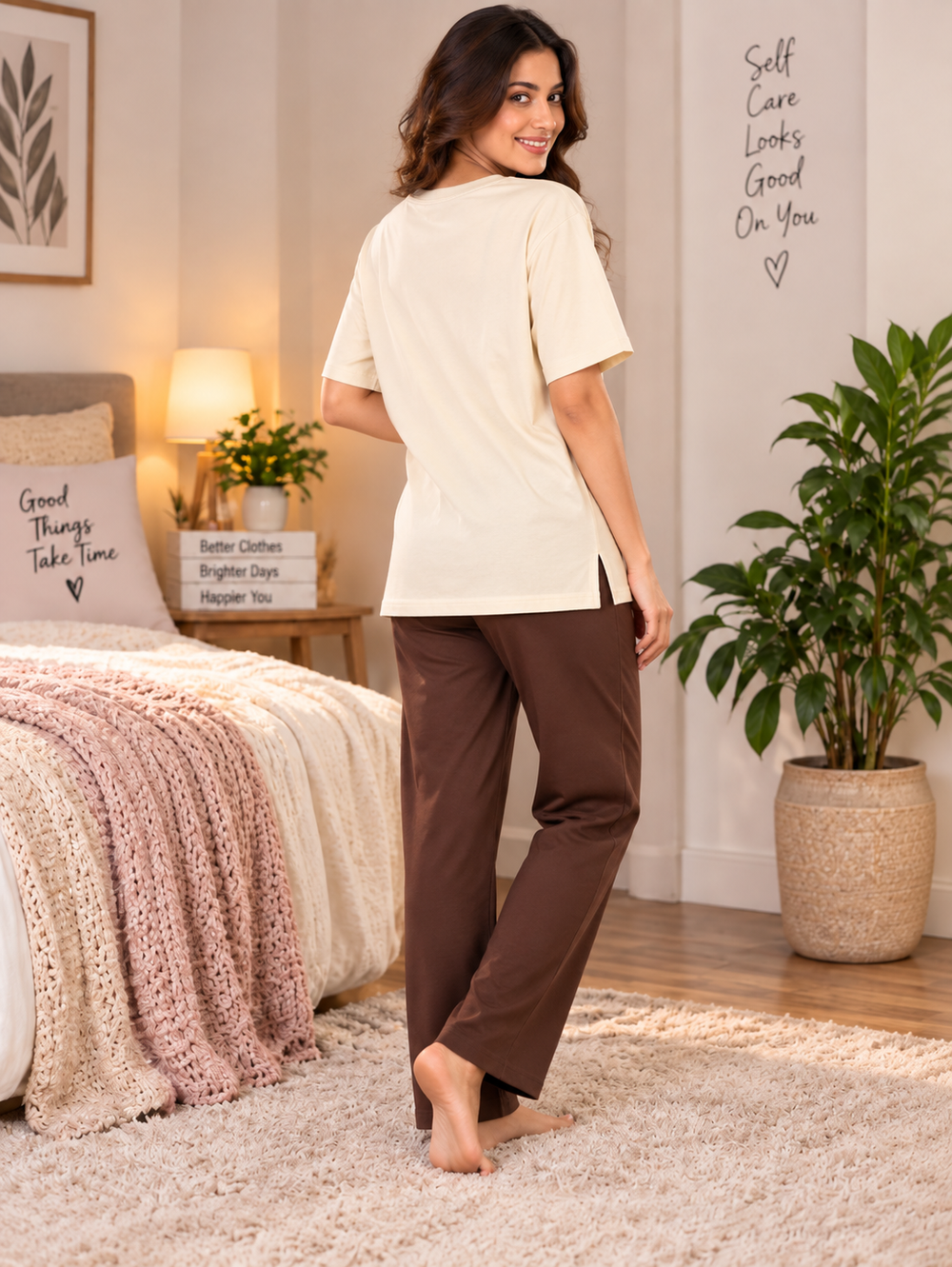 Karavya Women’s Choose Happiness Floral Graphic T-Shirt & Pajama Nightwear Set