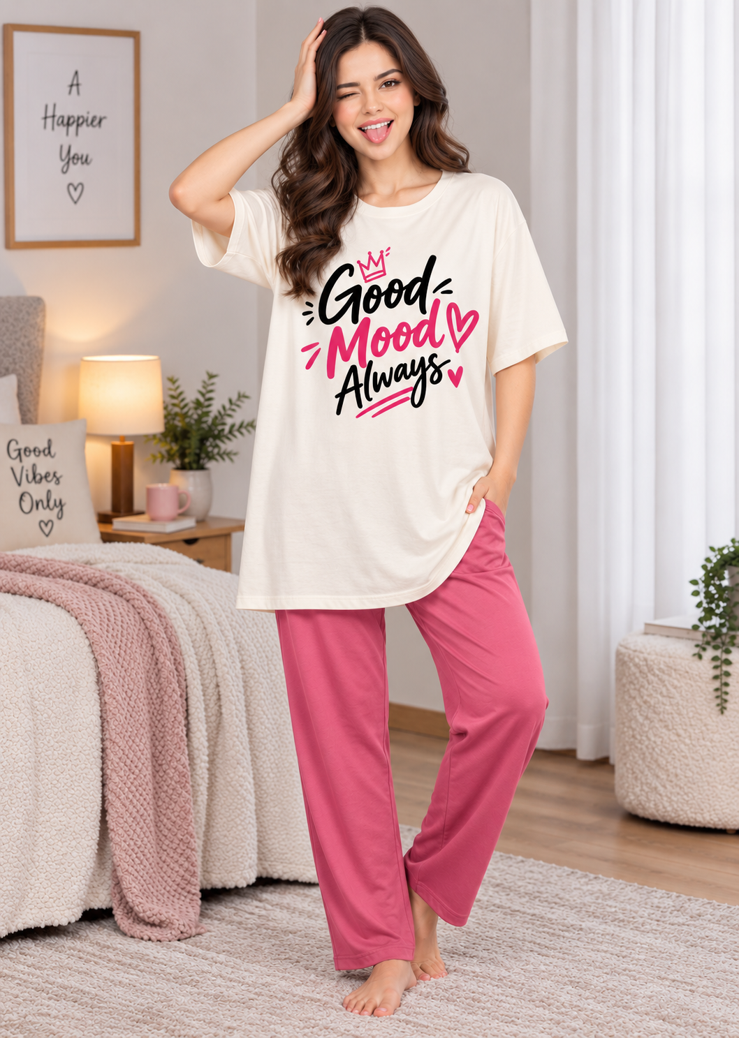 Karavya Women’s Printed Oversized Long T-Shirt & Pajama Nightwear Set