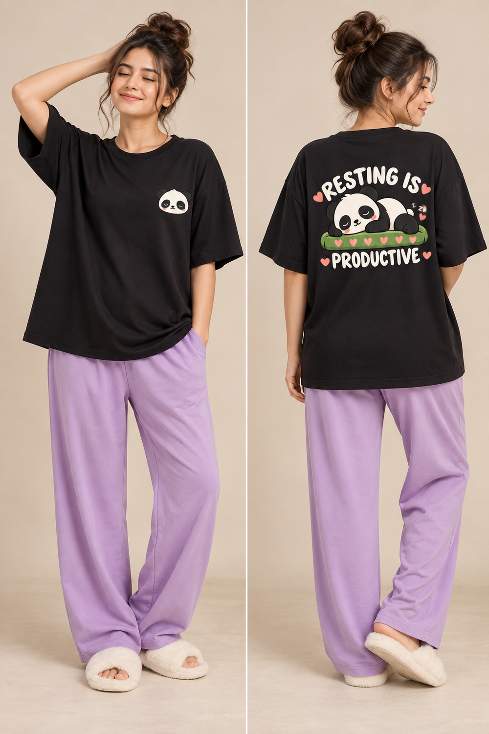 Karavya Black Resting Is Productive Panda Printed Women’s T-Shirt & Lavender Pajama Nightwear Set