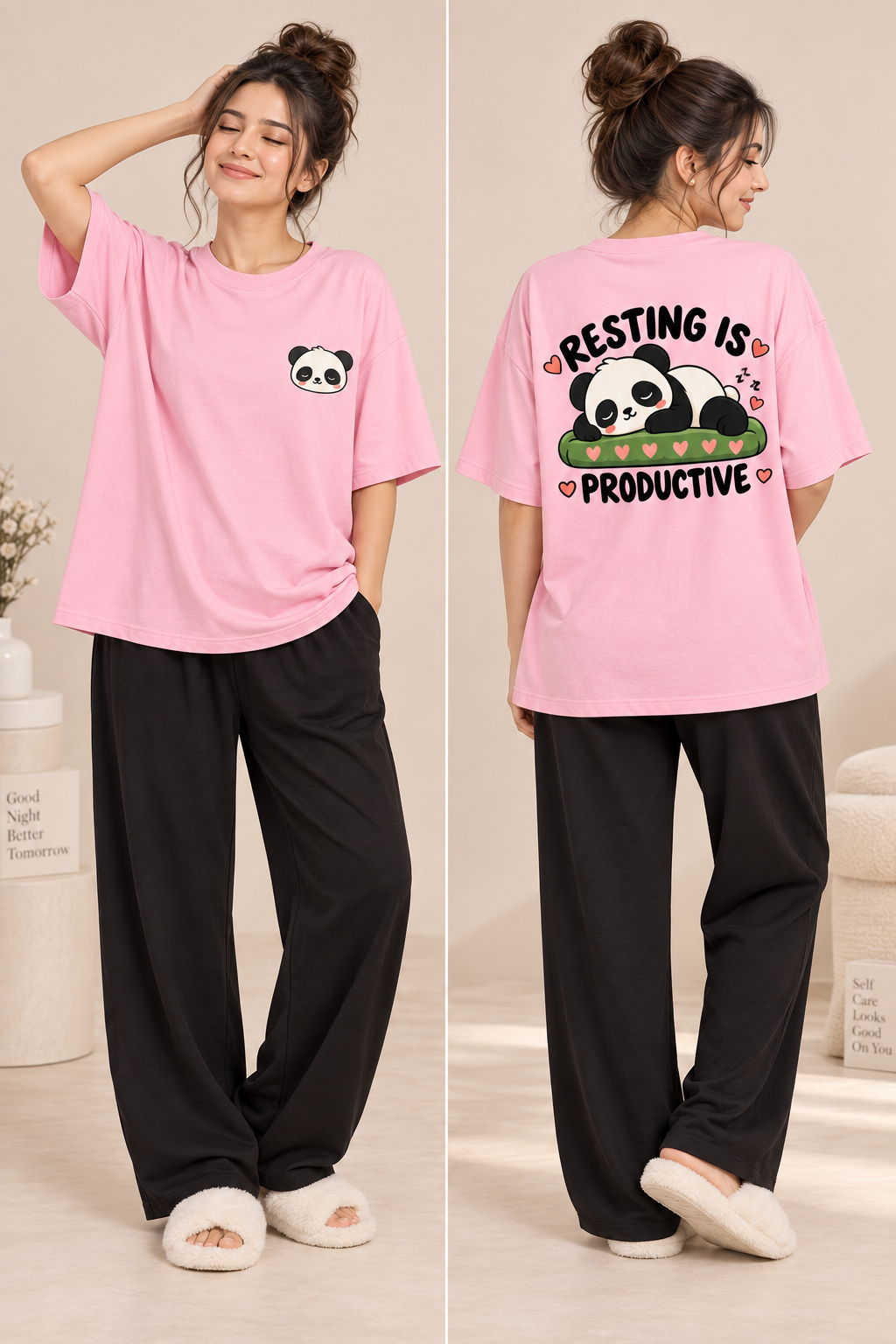 Karavya Pink Resting Is Productive Panda Printed Women’s T-Shirt & Black Pajama Nightwear Set