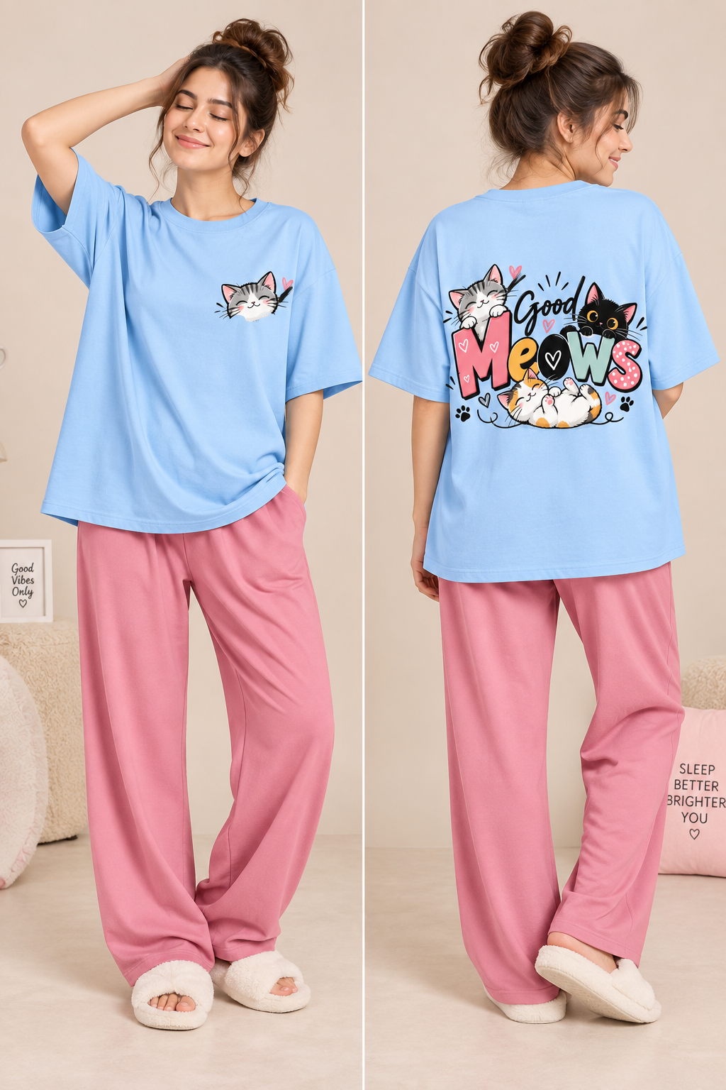 Karavya Sky Blue Good Meows Cat Printed Women’s Oversized T-Shirt & Pink Pajama Nightwear Set