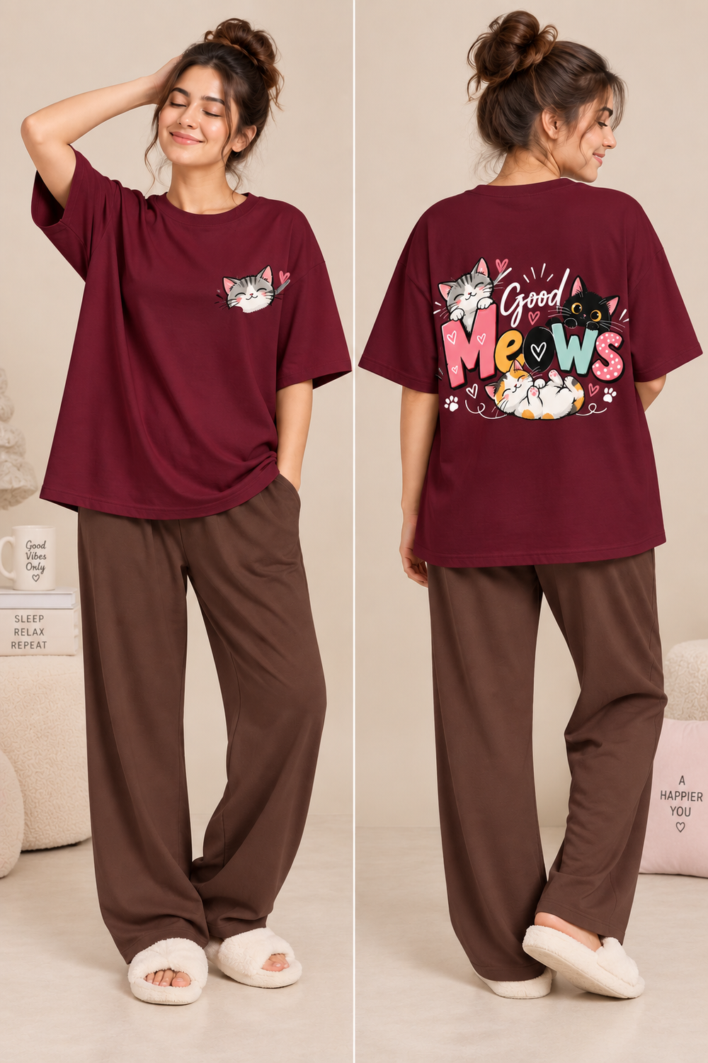 Karavya Wine Good Meows Cat Printed Women’s Oversized T-Shirt & Coffee Brown Pajama Nightwear