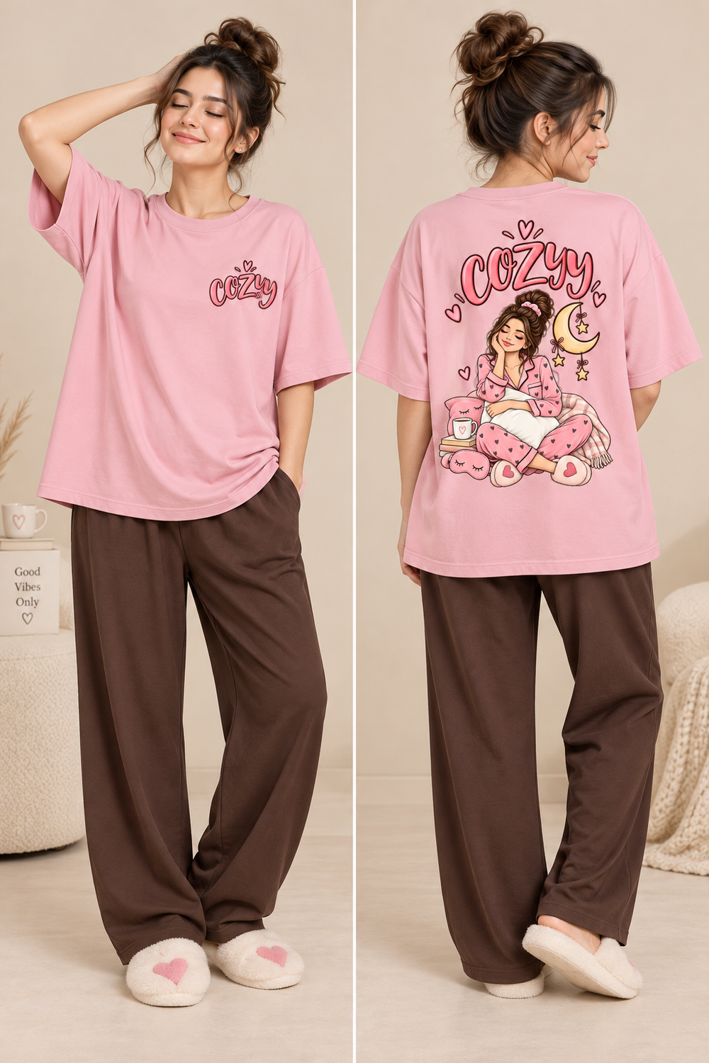 Karavya Pink Cozy Girl Printed Women’s Oversized T-Shirt & Coffee Brown Pajama Nightwear Set