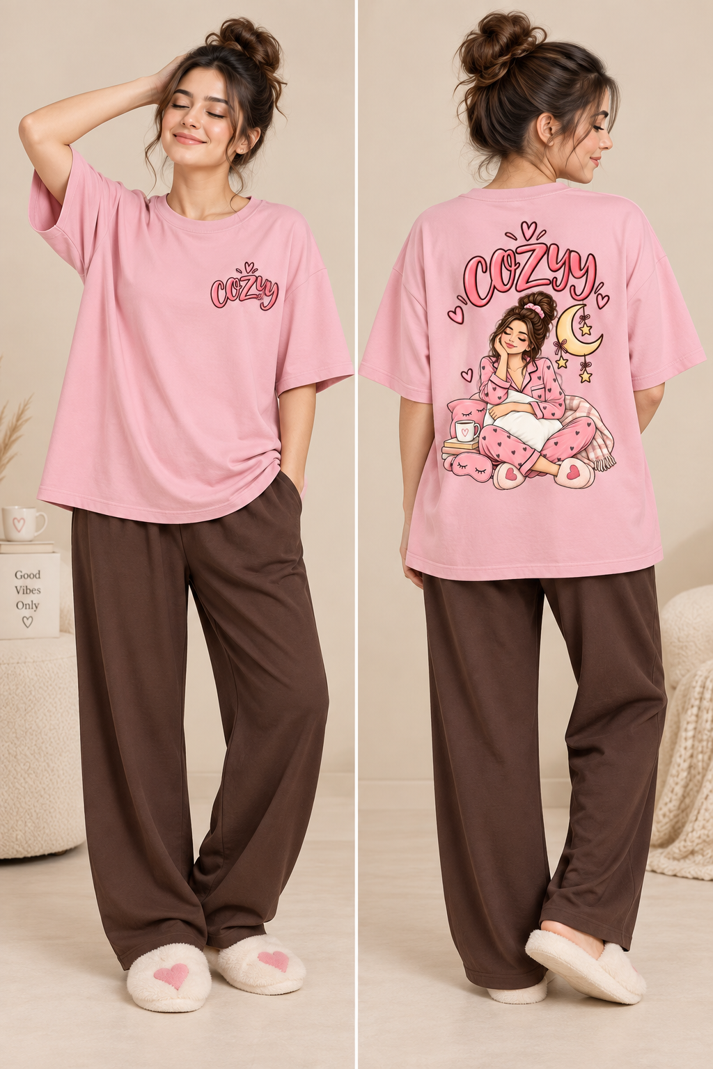 Karavya Pink Cozy Girl Printed Women’s Oversized T-Shirt & Coffee Brown Pajama Nightwear Set