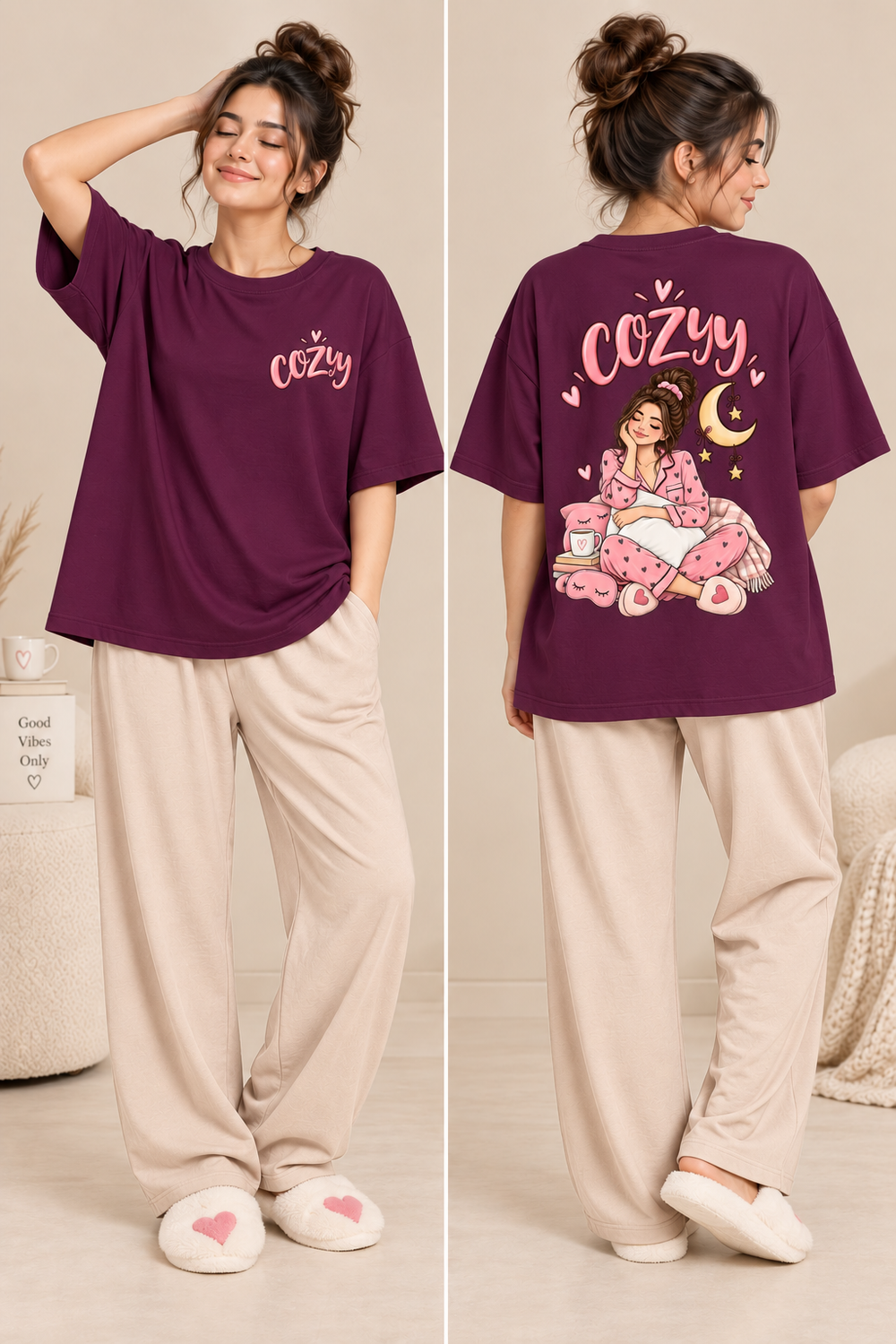 Karavya Wine Cozy Girl Printed Women’s Oversized T-Shirt & Cream Pajama Nightwear Set