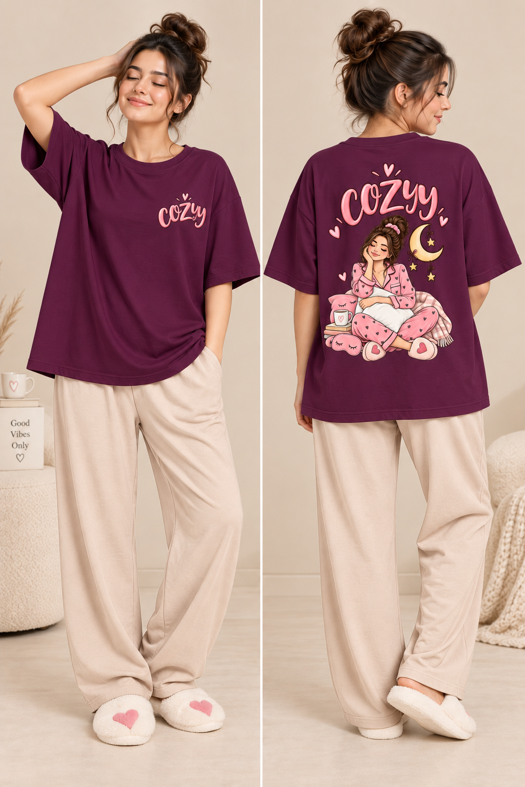 Karavya Wine Cozy Girl Printed Women’s Oversized T-Shirt & Cream Pajama Nightwear Set