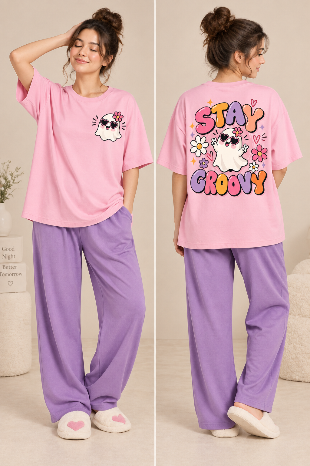 Karavya Pink Stay Groovy Ghost Printed Women’s Oversized T-Shirt & Lavender Pajama Nightwear Set