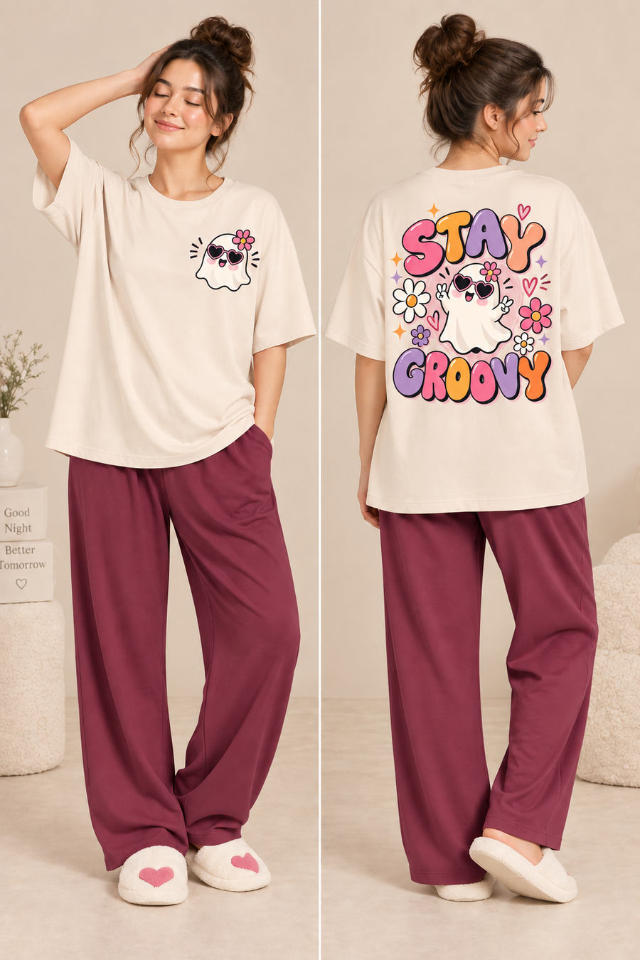 Karavya Cream Stay Groovy Ghost Printed Women’s Oversized T-Shirt & Wine Pajama Nightwear Set