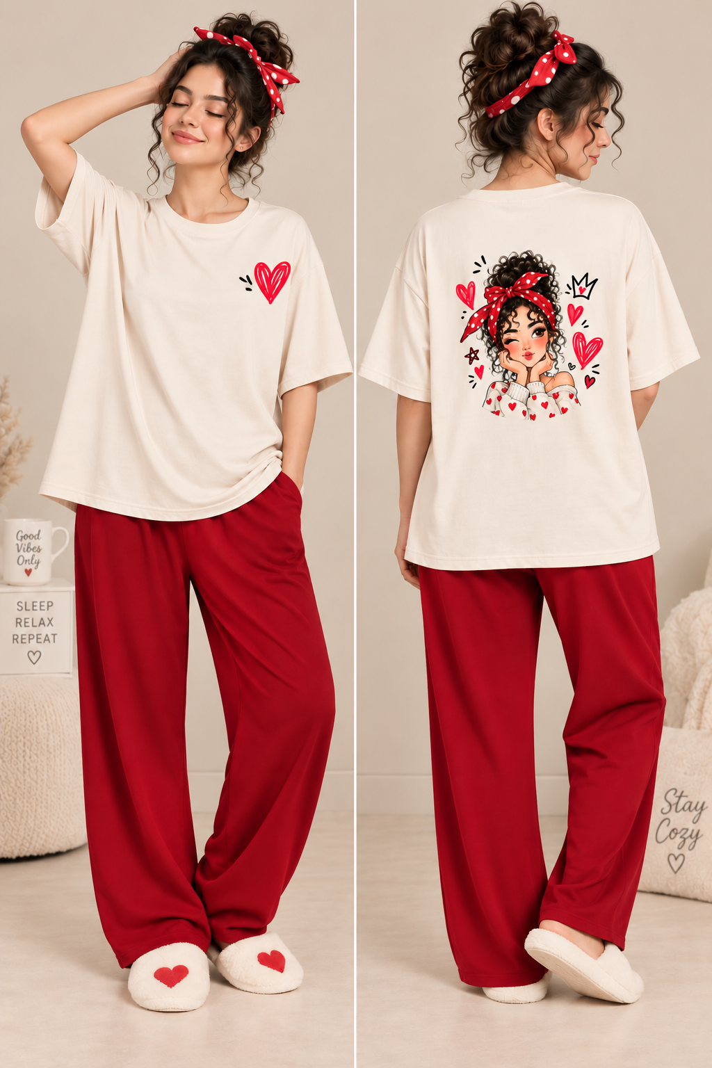 Karavya Cream Heart Girl Printed Women’s Oversized T-Shirt & Red Pajama Nightwear Set