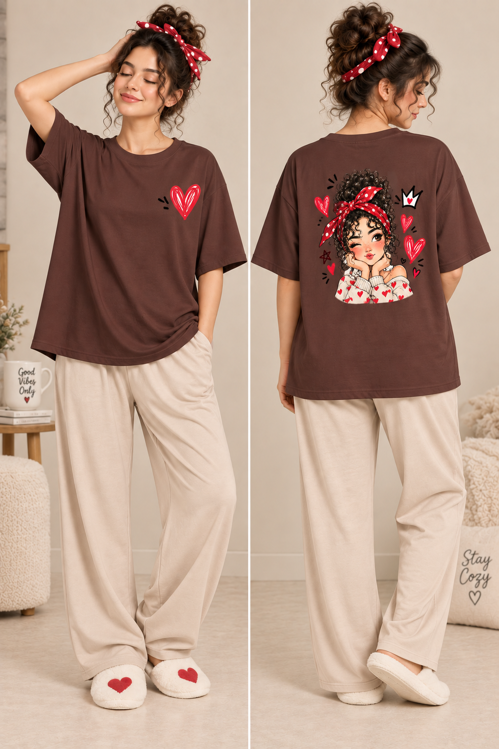 Karavya Coffee Brown Heart Girl Printed Women’s Oversized T-Shirt & Cream Pajama Nightwear Set