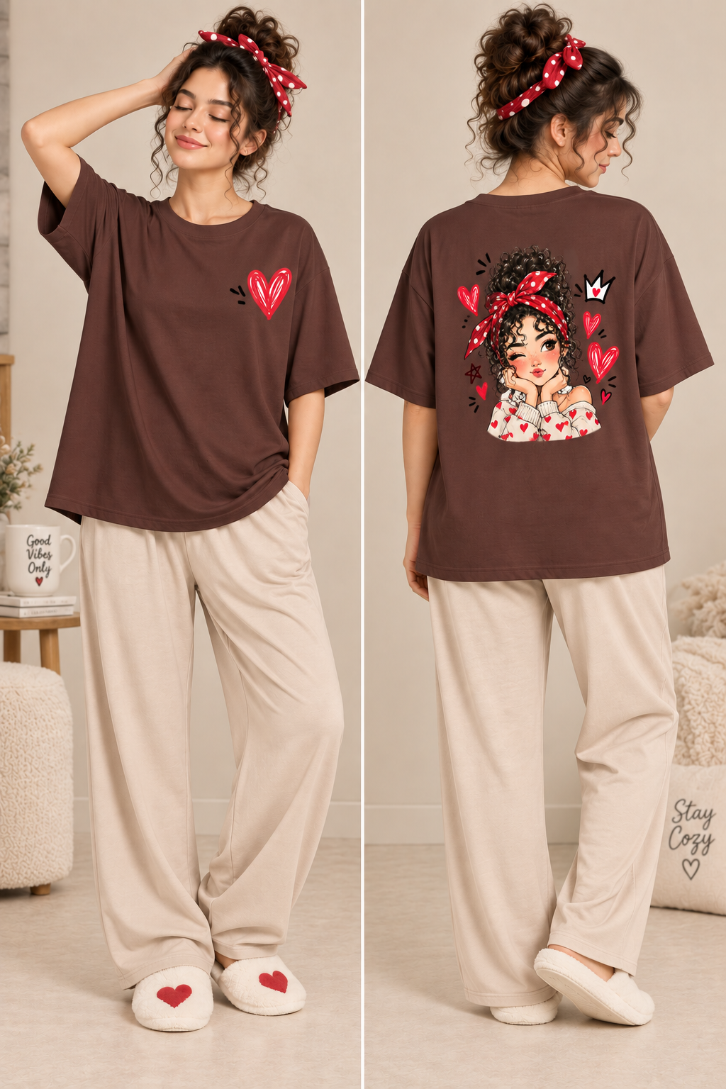 Karavya Coffee Brown Heart Girl Printed Women’s Oversized T-Shirt & Cream Pajama Nightwear Set