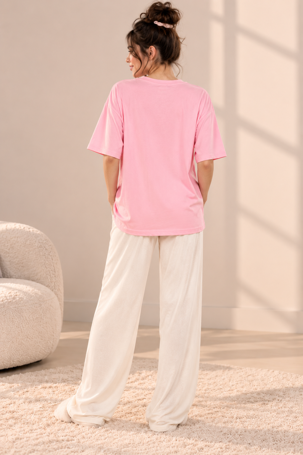 Karavya Women’s Sky Blue Graphic Printed T-Shirt & Cream Pajama Nightwear Set