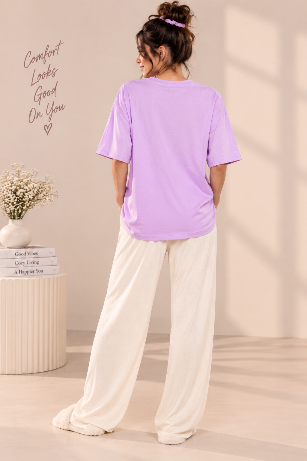 Karavya Women’s Lavender “Be The Sunshine” Oversized T-Shirt & Cream Pajama Nightwear Set