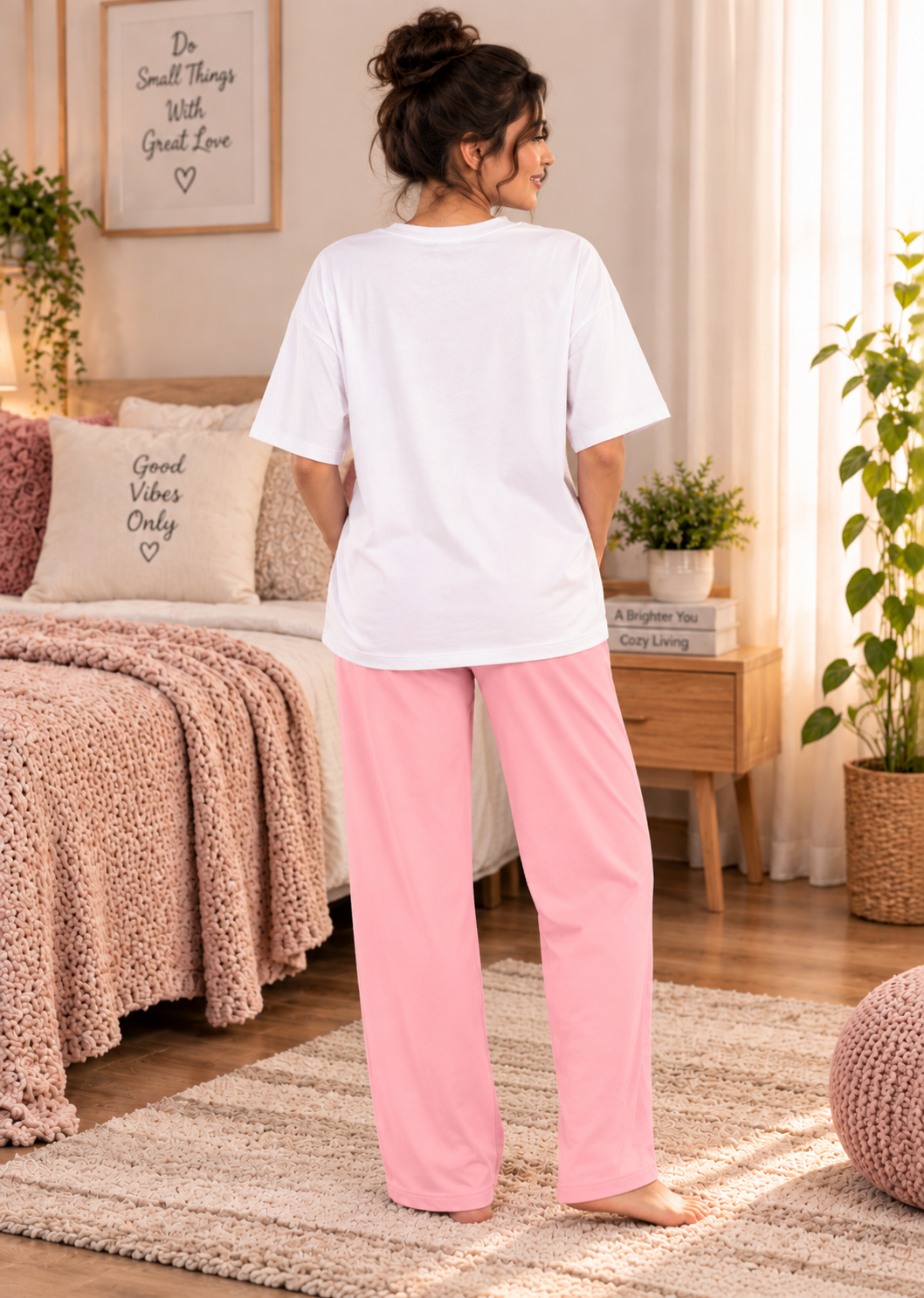 Karavya Women’s White Graphic Printed Oversized T-Shirt & Pink Pajama Nightwear Set