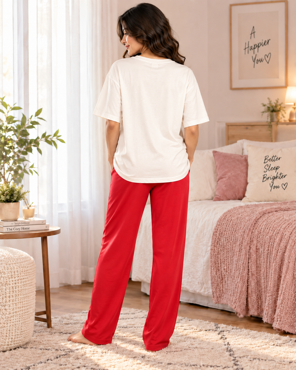 Karavya Women’s White Graphic Printed T-Shirt & Red Pajama Nightwear Set