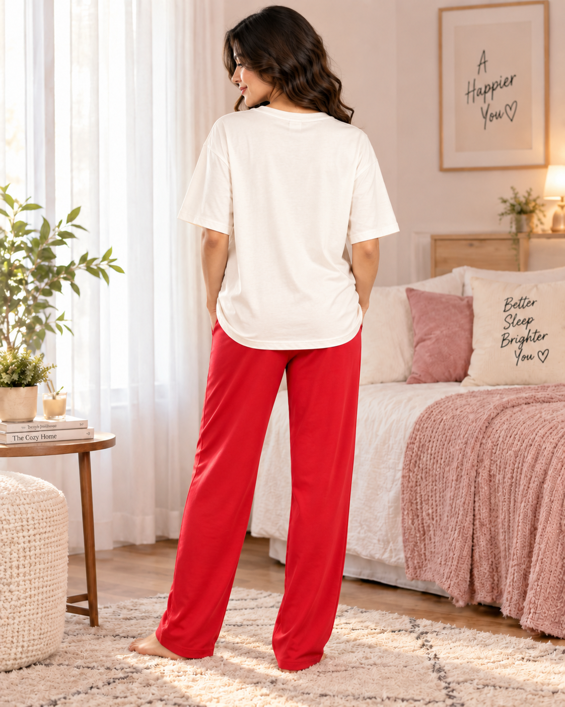 Karavya Women’s White Graphic Printed T-Shirt & Red Pajama Nightwear Set