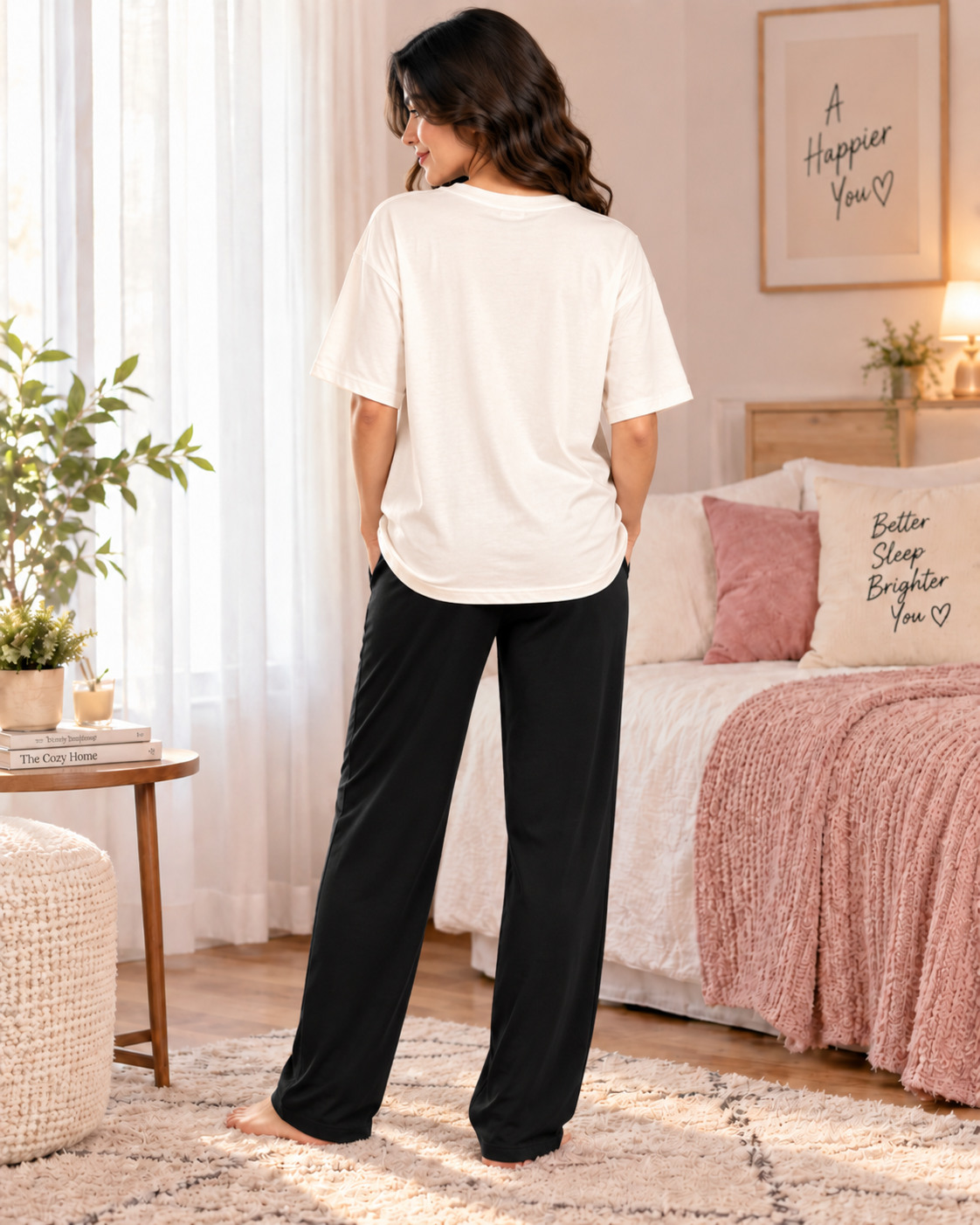 Karavya Women’s White Graphic Printed T-Shirt & Black Pajama Nightwear Set
