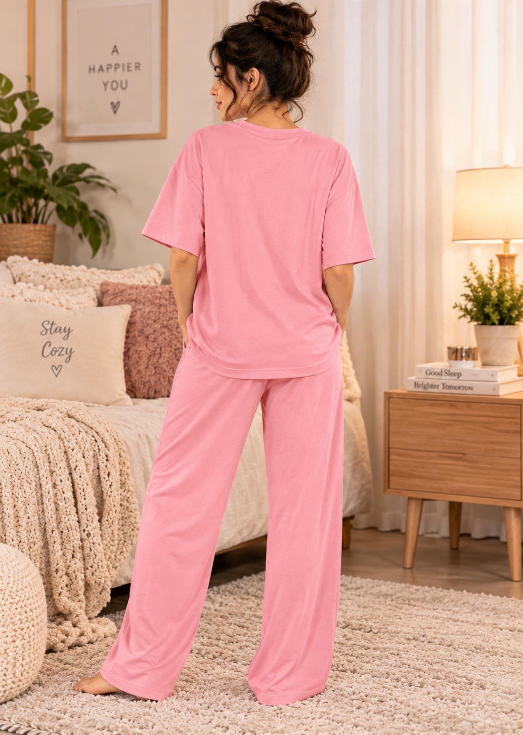 Karavya Women’s Pink Oversized Graphic T-Shirt & Pajama Nightwear Set