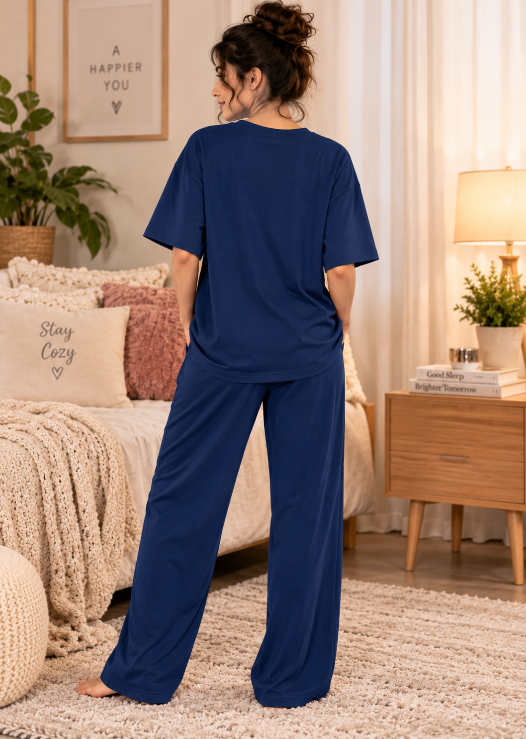 Karavya Women’s Navy Blue Oversized Graphic T-Shirt & Pajama Nightwear Set