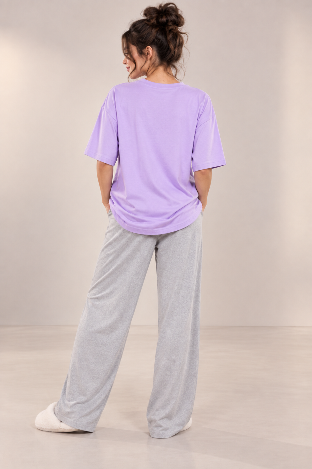 Karavya Women’s Lavender Stay Groovy Graphic Oversized T-Shirt & Grey Pajama Nightwear Set