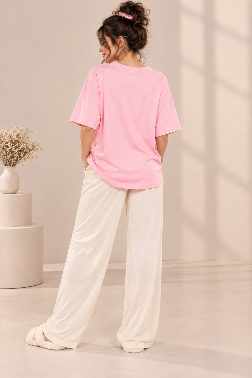 Karavya Women’s Pink Stay Groovy Graphic Oversized T-Shirt & Cream Pajama Nightwear Set