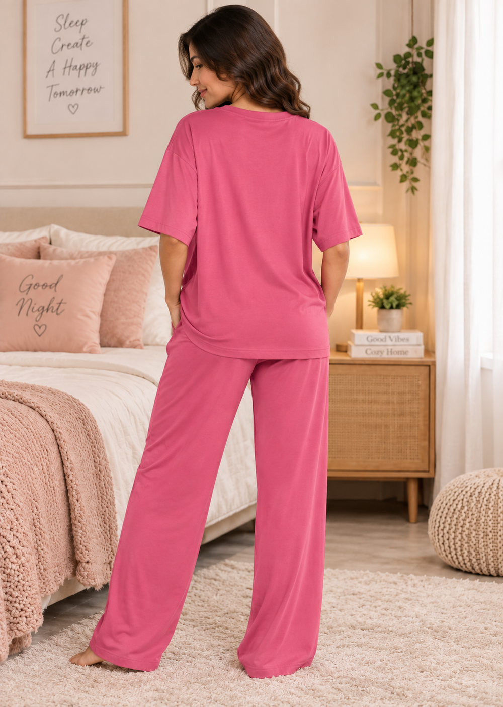 Karavya Women’s Pink Little Dreamer Graphic Oversized T-Shirt & Pajama Nightwear Set