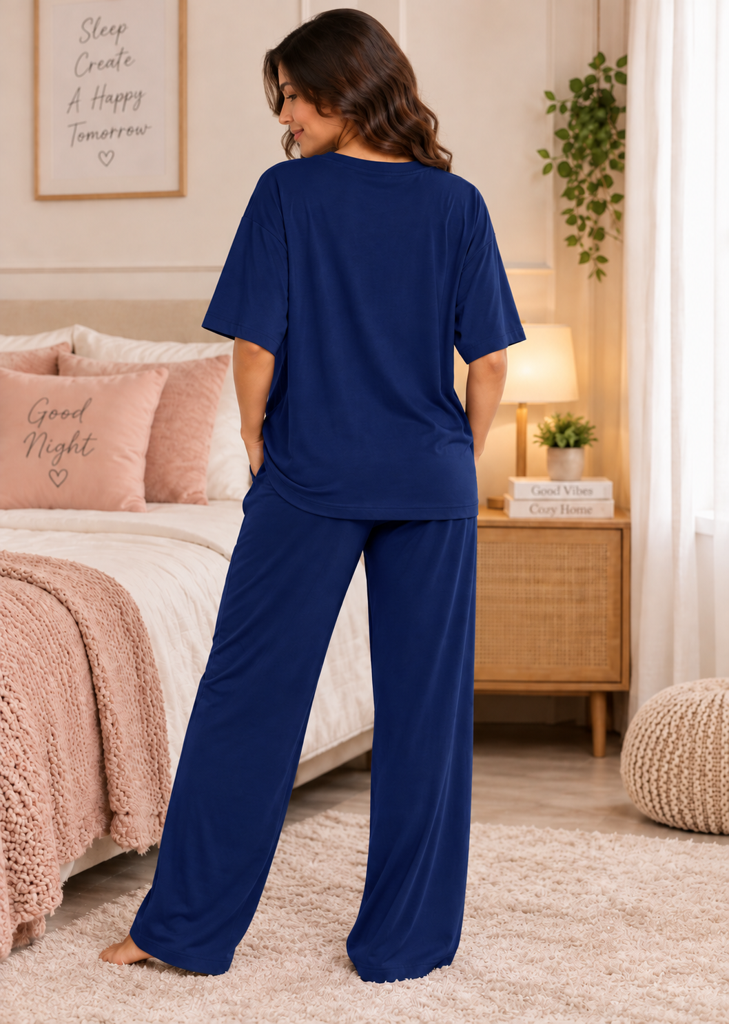 Karavya Women’s Navy Blue Little Dreamer Graphic Oversized T-Shirt & Pajama Nightwear Set