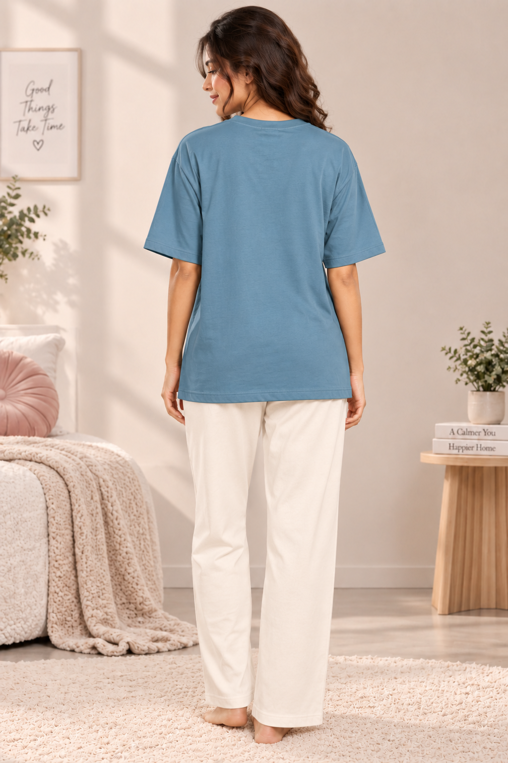 Karavya Women’s Blue Choose Happiness Graphic Oversized T-Shirt & Cream Pajama Nightwear Set