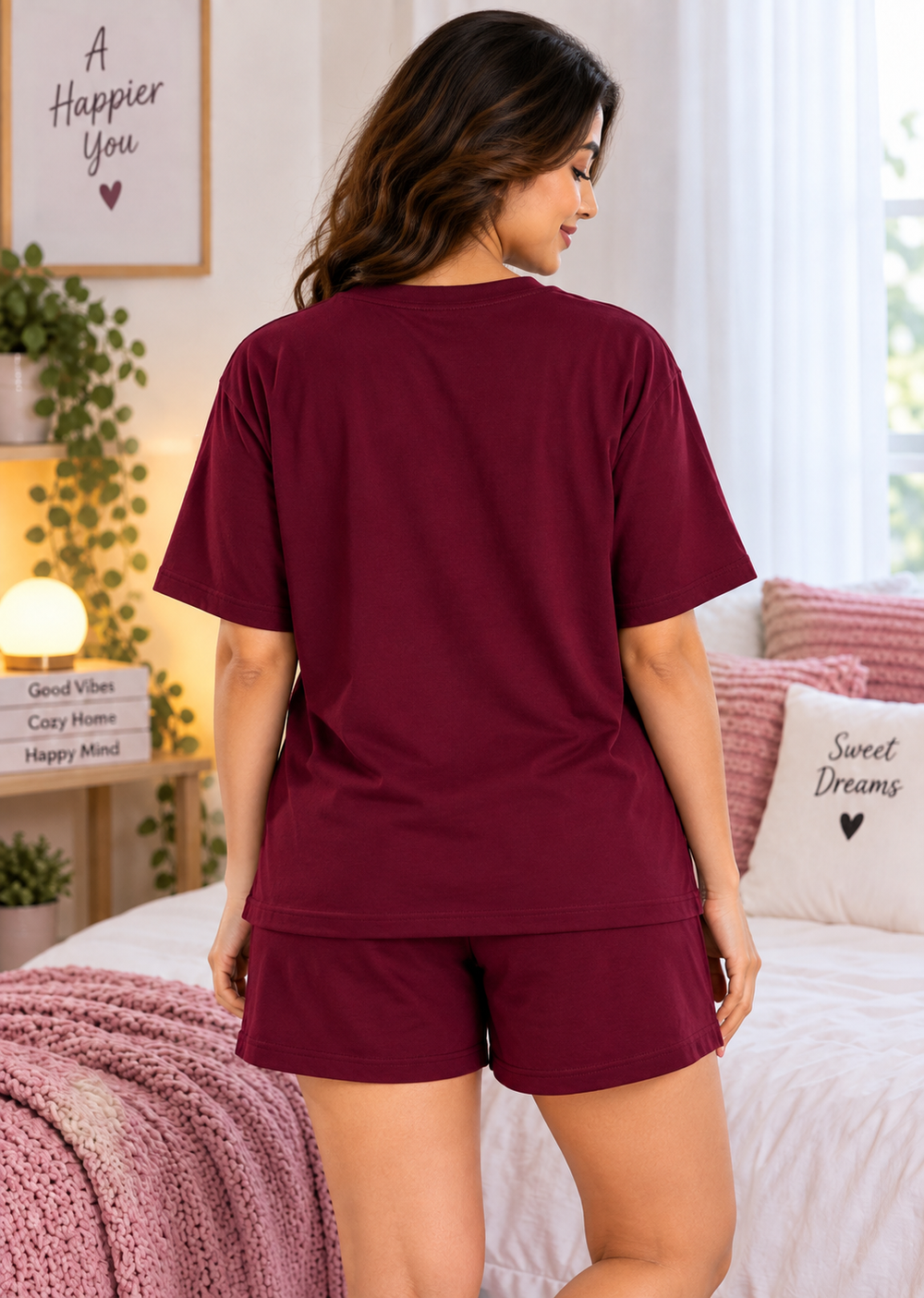 Karavya Wine Butterfly Love Printed Women’s T-Shirt & Shorts Nightwear Set