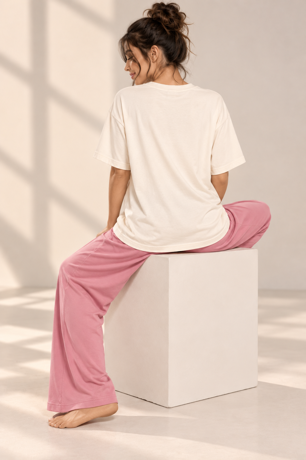 Karavya Women’s Cream Off Campus Graphic Oversized T-Shirt & Pink Pajama Nightwear Set