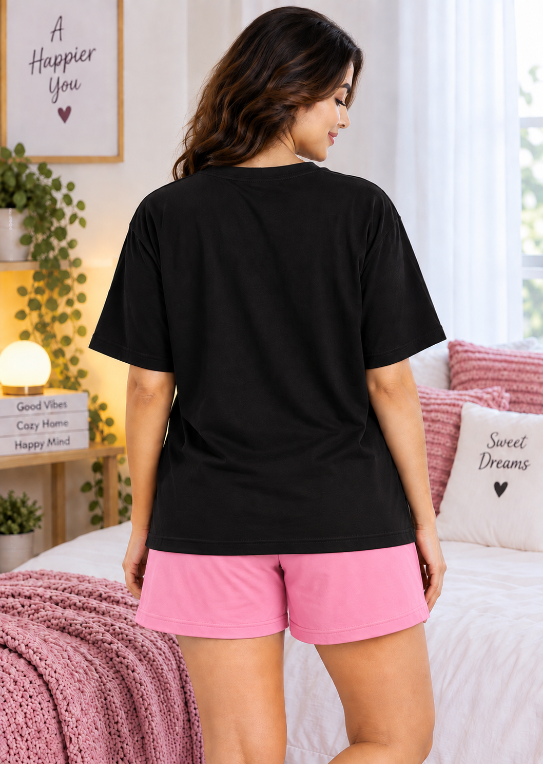 Karavya Black Be Calm Printed Women’s T-Shirt & Pink Shorts Nightwear Set