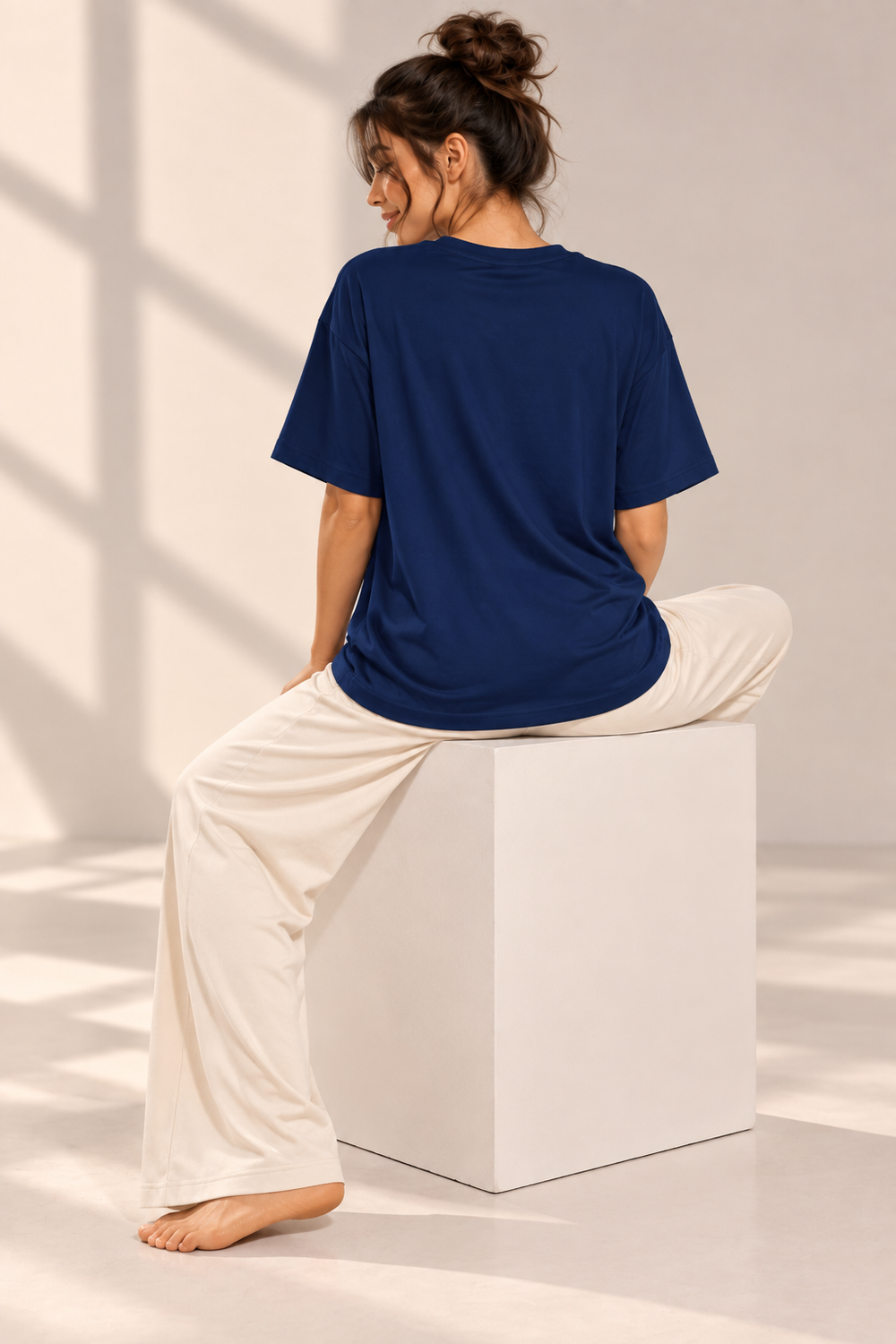 Karavya Women’s Navy Blue Off Campus Graphic Oversized T-Shirt & Cream Pajama Nightwear Set