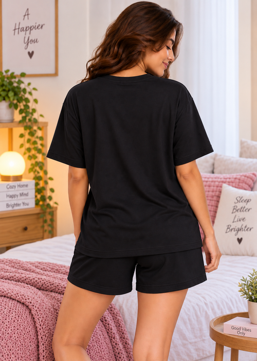 Karavya Black Self Love Club Printed Women’s T-Shirt & Shorts Nightwear Set