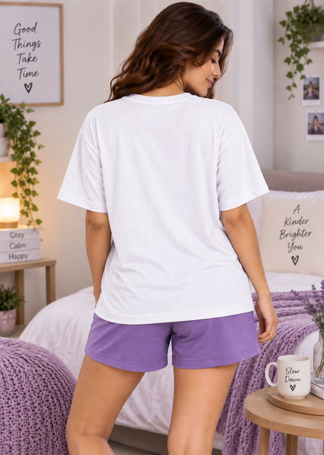 Karavya White Bloom Gently Floral Printed Women’s T-Shirt & Lavender Shorts Nightwear Set