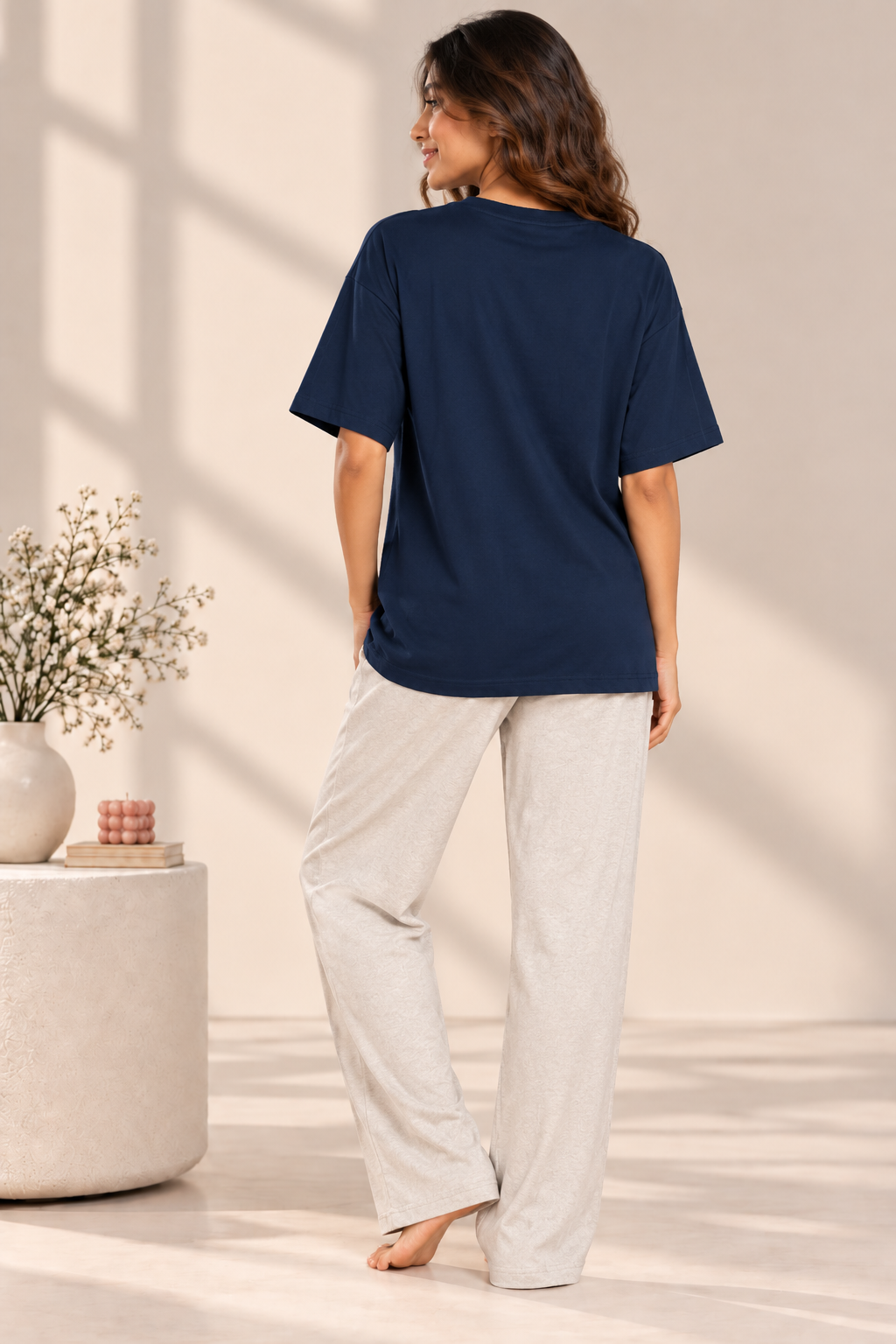 Karavya Women’s Navy Blue Floral LOVE Graphic Oversized T-Shirt & Cream Pajama Nightwear Set