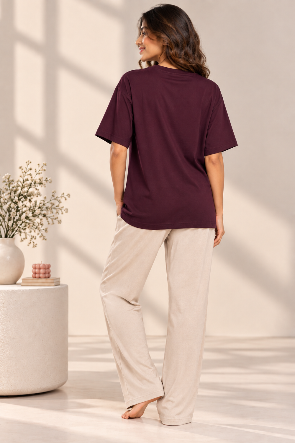 Karavya Women’s Wine Floral LOVE Graphic Oversized T-Shirt & Cream Pajama Nightwear Set