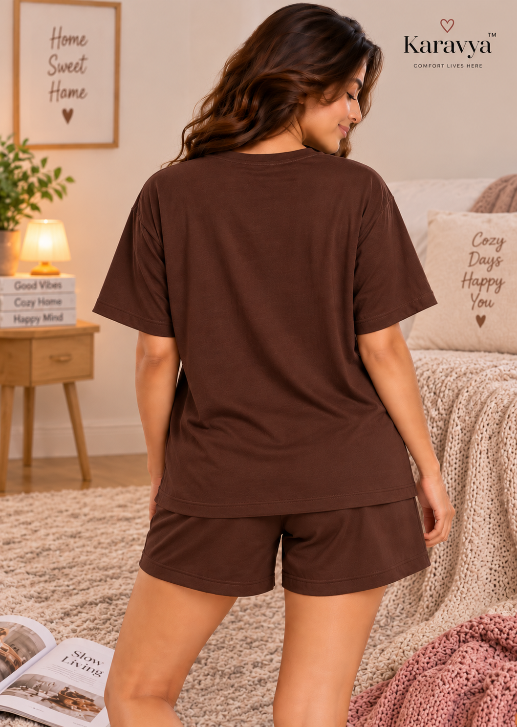 Karavya Coffee Brown Stay Cozy Printed Women’s T-Shirt & Shorts Nightwear Set