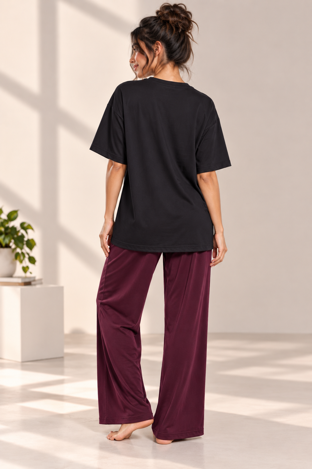 Karavya Women’s Black Flamingo Graphic Oversized T-Shirt & Wine Pajama Nightwear Set