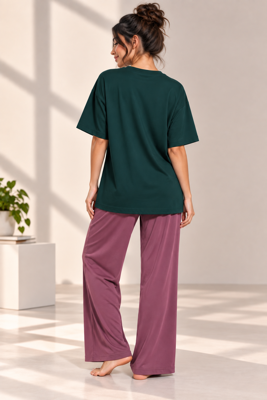 Karavya Women’s Bottle Green Flamingo Graphic Oversized T-Shirt & Mauve Pajama Nightwear Set