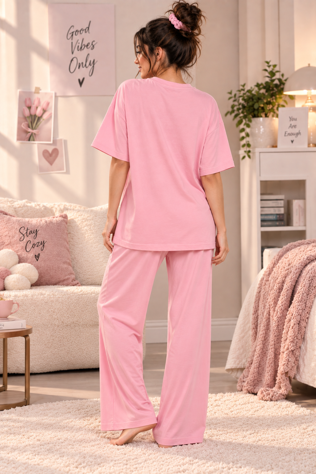 Karavya Women’s Pink Choose Kindness Graphic Oversized T-Shirt & Pajama Nightwear Set