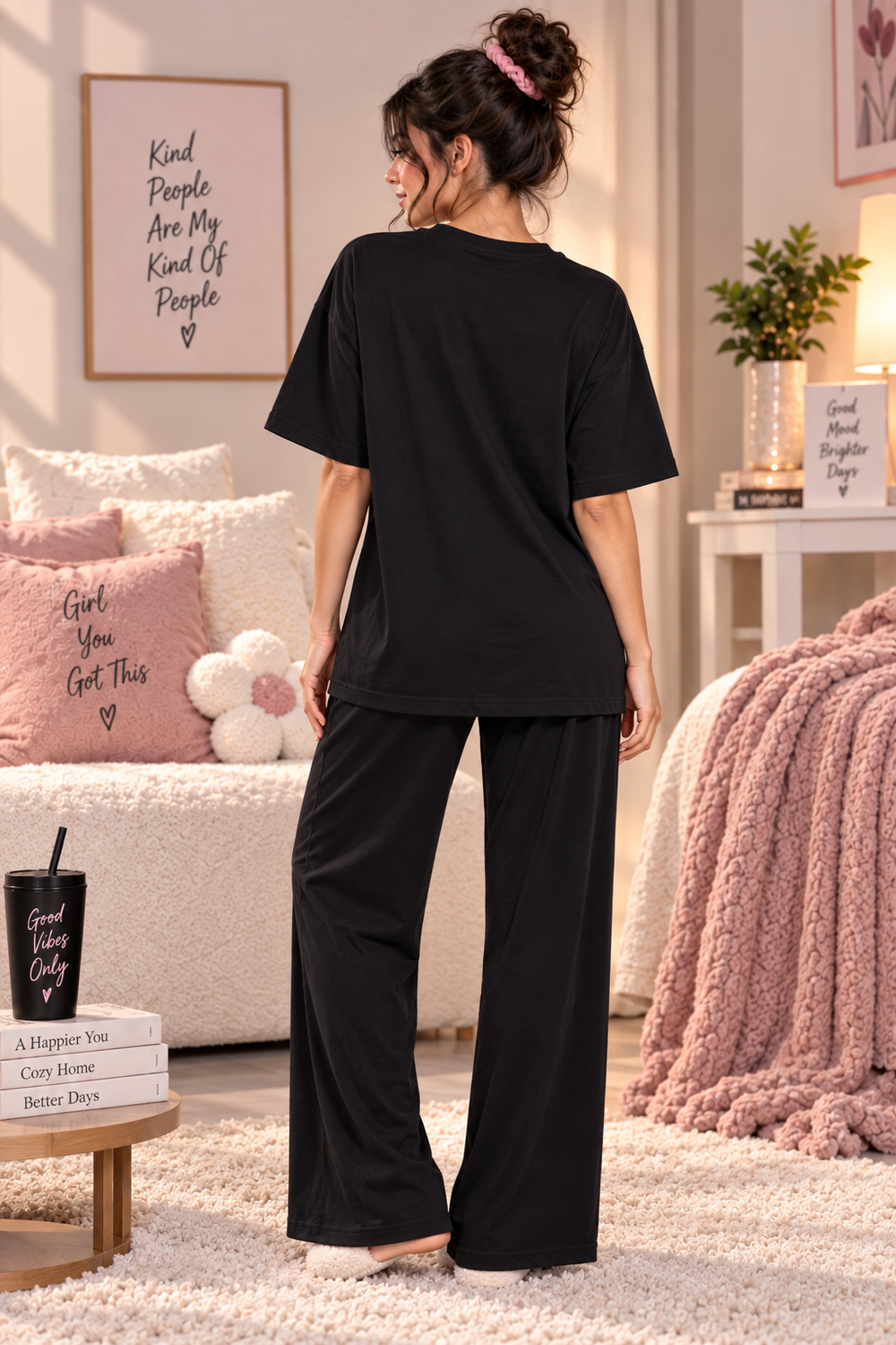 Karavya Women’s Black Choose Kindness Graphic Oversized T-Shirt & Pajama Nightwear Set