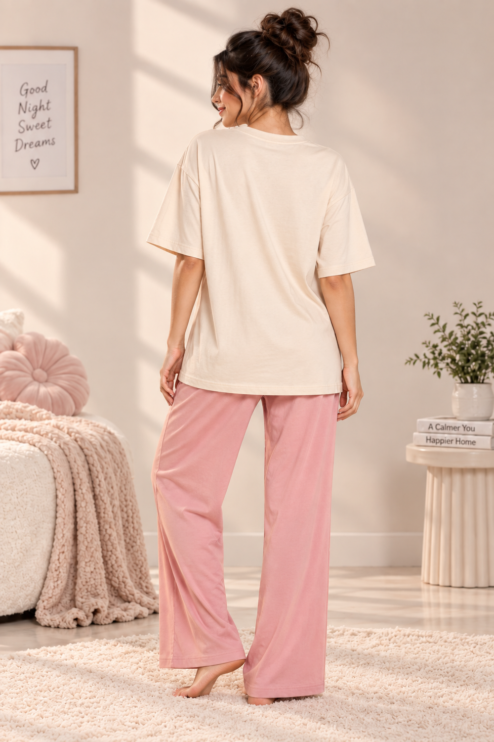 Karavya Women’s Cream Fly High Dream Big Graphic Oversized T-Shirt & Pink Pajama Nightwear Set