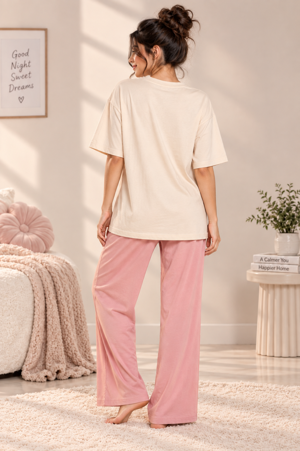 Karavya Women’s Cream Fly High Dream Big Graphic Oversized T-Shirt & Pink Pajama Nightwear Set
