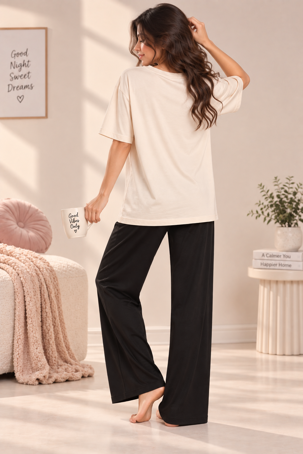 Karavya Women’s Cream Fly High Dream Big Graphic Oversized T-Shirt & Black Pajama Nightwear Set
