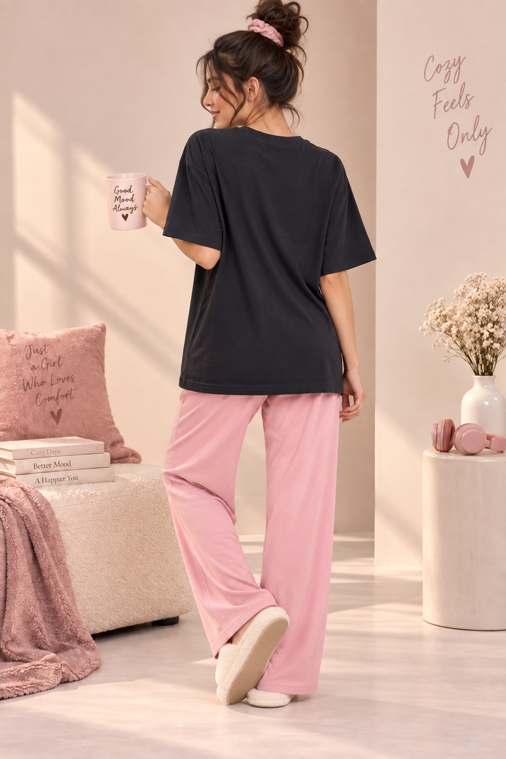 Karavya Women’s Black Girl Vibes Graphic Oversized T-Shirt & Pink Pajama Nightwear Set