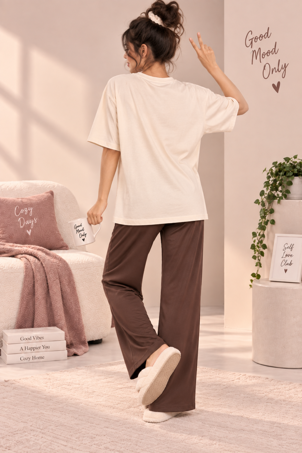 Karavya Women’s Cream Girl Vibes Graphic Oversized T-Shirt & Coffee Brown Pajama Nightwear Set