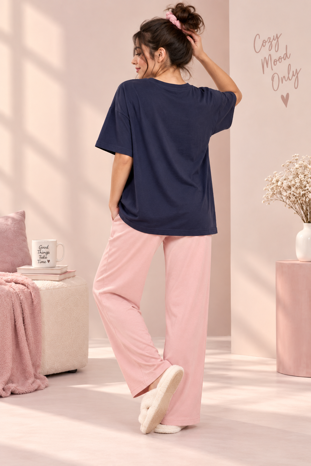 Karavya Women’s Girl Graphic Oversized T-Shirt & Full-Length Pajama Nightwear Set