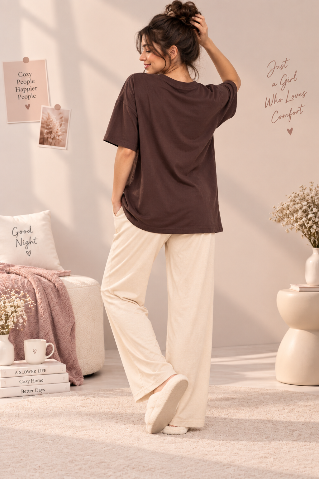 Karavya Women’s Girl Graphic Oversized T-Shirt & Full-Length Pajama Nightwear Set