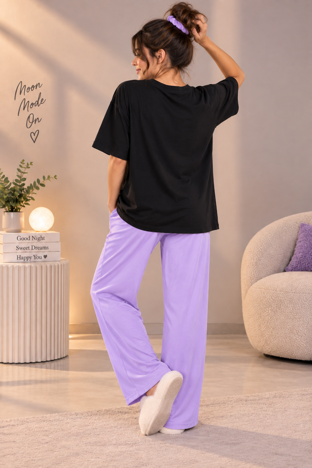 Karavya Women’s Moon Mode Graphic Oversized T-Shirt & Pajama Nightwear Set