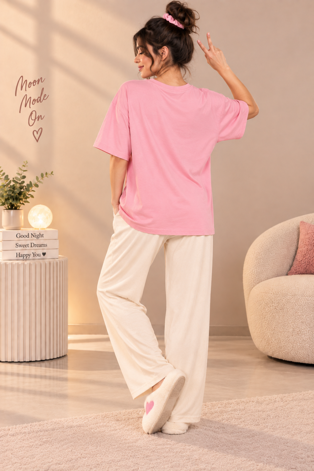 Karavya Women’s Moon Mode Graphic Oversized T-Shirt & Pajama Nightwear Set